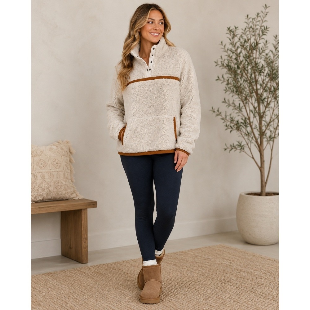 Shyanne Pullover Sherpa Fleece Sweater Women Medium Cream Brown Pocket Polyester